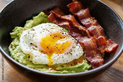 Healthy breakfast bowl with avocado, sunny-side-up egg, and bacon. Nutritious and balanced breakfast, protein-rich meal. 
