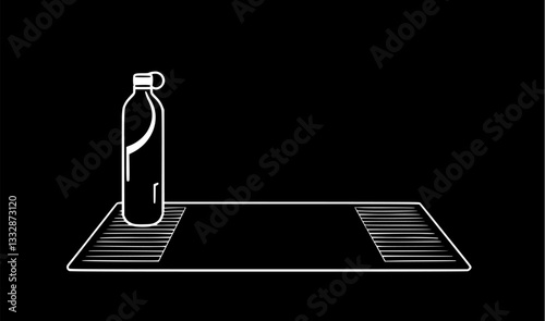 Outline illustration of a yoga mat and water bottle minimal wellness and fitness vector design.