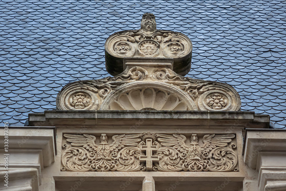 Architectural fragments of Ducal Palace of Nancy (Palais ducal du Nancy, XV century). Now palace is a museum Lorrain, dedicated to art, history and traditions of Lorraine. Nancy, Lorraine, France.