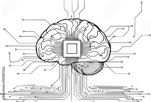Outline illustration of an AI chip implant minimal futuristic brain interface technology vector art.