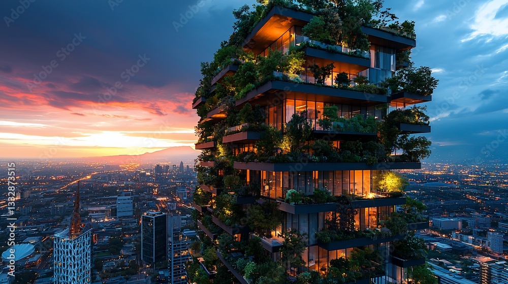 Obraz premium Urban Vertical Forest Skyscraper at Sunset