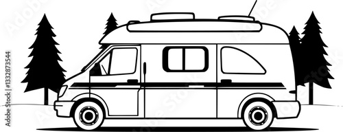 Outline illustration of a camper van minimal road trip adventure vector design.