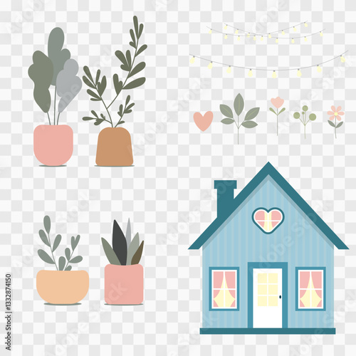 Vector set on transparent background, house, potted plants, flowers, decor elements. Illustration with cute house on transparent background, vector elements for decoration, postcards, gift paper