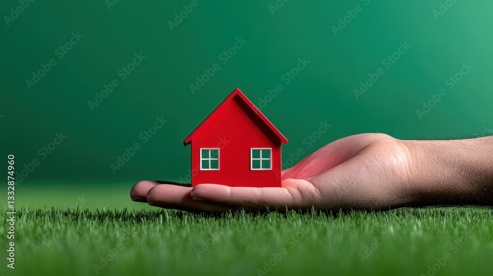 Red House Model in Hand on Grass, Eco-Friendly Housing Concept Red House Model in Hand on Grass, Eco-Friendly Housing Concept