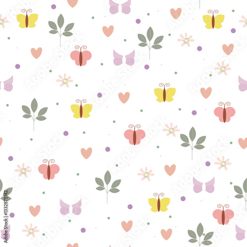 Summer pattern with flowers and butterflies on a light background with space for copy. Spring pattern with vector elements on white background, drawing for children products, gift wrapping paper