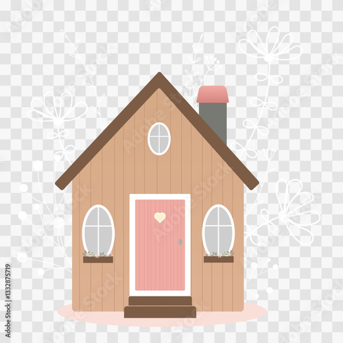A beautiful house decorated with white flowers on a transparent background. Vector illustration for decorating notebooks, notebooks, fabric, children products and creativity. Illustration of a garden