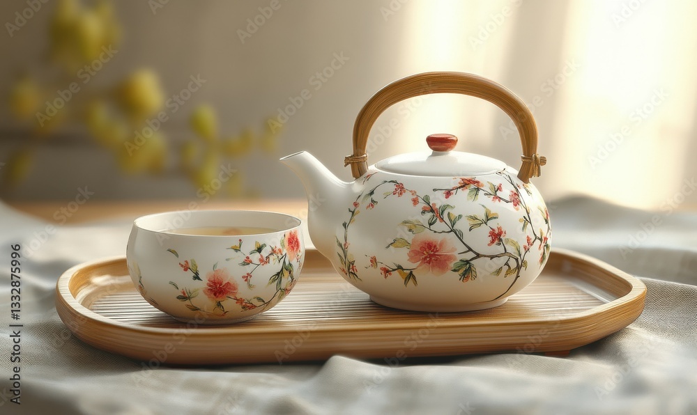 Ceramic teapot and teacup with floral design on a tray. Ceramic teapot and teacup with floral design on a tray.