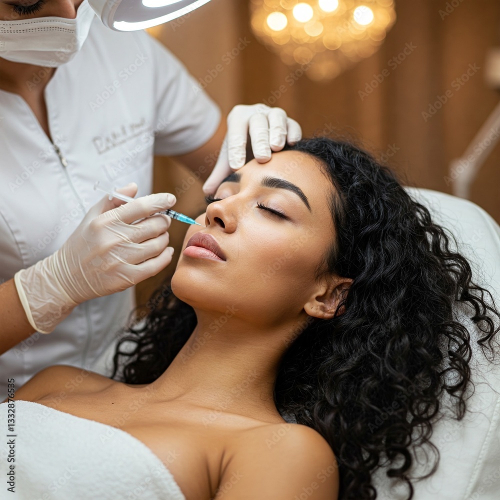 Fototapeta premium Relaxed woman receiving professional anti-wrinkle treatment in modern beauty salon
