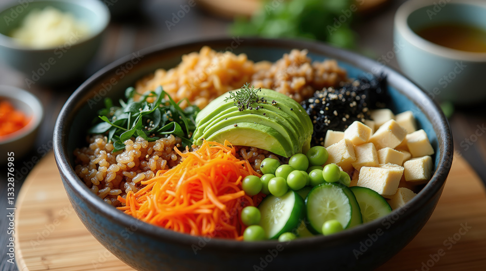 Crisp slices of avocado, cucumber, and vibrant carrots complete a nutritious bowl of grains topped with beans and herbs, showcasing a healthy and balanced meal Crisp slices of avocado, cucumber, and vibrant carrots complete a nutritious bowl of grains topped with beans and herbs, showcasing a healthy and balanced meal