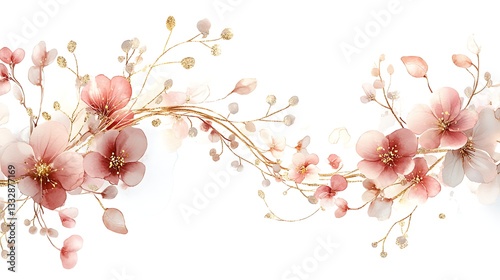 Elegant Floral Watercolor Background, Elegant floral watercolor background with pink blossoms and gold accents
