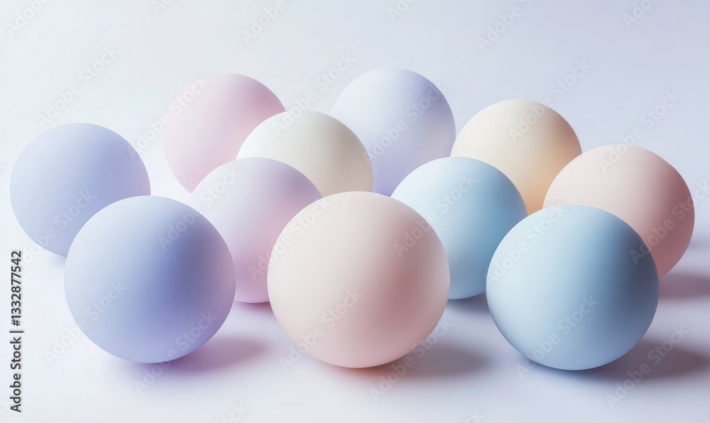 Pastel-colored spheres arranged on a white surface, soft lighting.