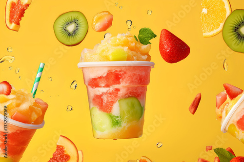 Colorful Fruit Slushie with Strawberries and Citrus on Yellow Background, Tropical Frozen Drink with Splash