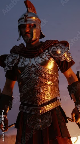 Vertical screen, roman legionary in full authentic armor and metal helmet standing confidently against dramatic sunset, embodying warrior strength and imperial pride within golden hour landscape