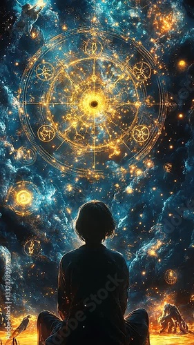 A person gazing at a cosmic scene filled with glowing symbols and stars