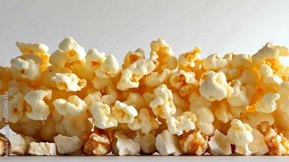 A dynamic close-up of popcorn kernels bursting and scattering on a light surface, evoking excitement