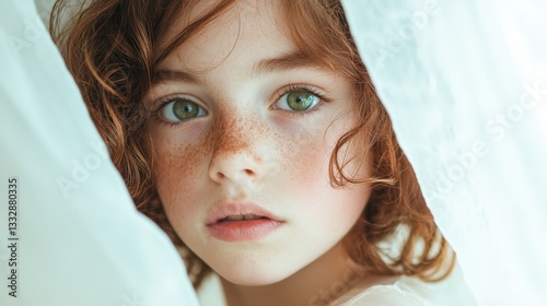 A Freckled Girl With Red Hair Partially Hidden By Fabric