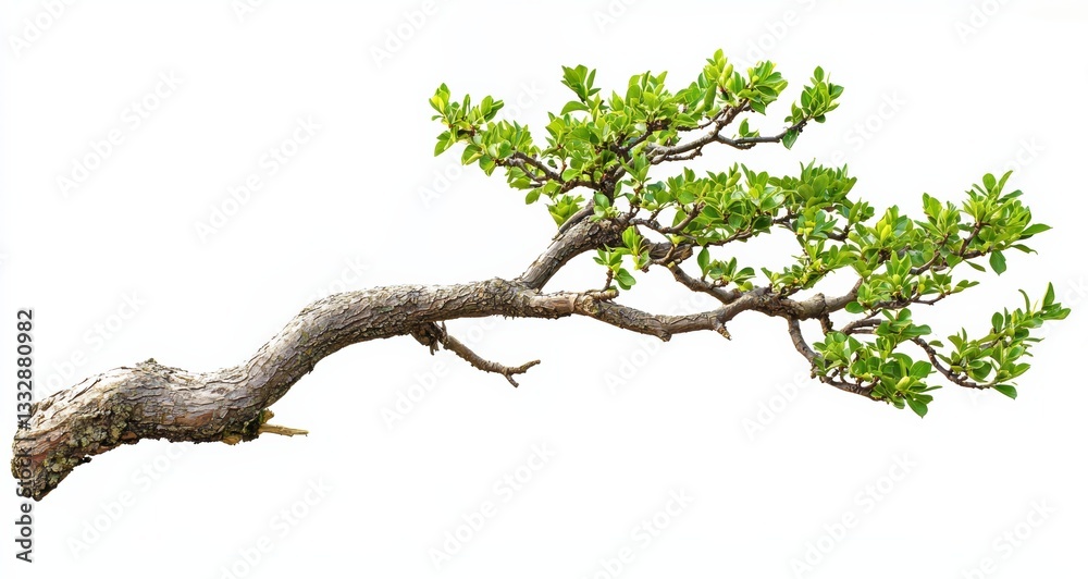 Bonsai tree branch showing lush green leaves on white background Bonsai tree branch showing lush green leaves on white background
