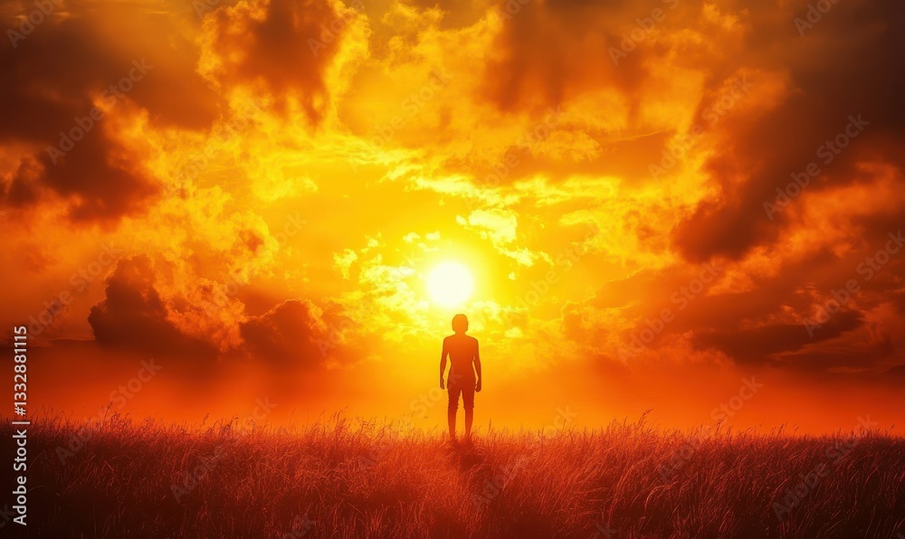 Silhouette of person standing in field, sunset sky glowing red. Silhouette of person standing in field, sunset sky glowing red.
