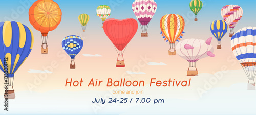Hot air balloon festival banner with colorful balloons soaring in sky Vector template of various aerial travel tourist transport with basket Fun and festive design for print, event invitations, flyers