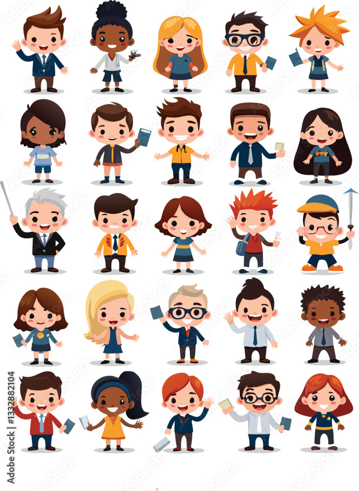 Cartoon illustration of a diverse group of students and children Cartoon illustration of a diverse group of students and children