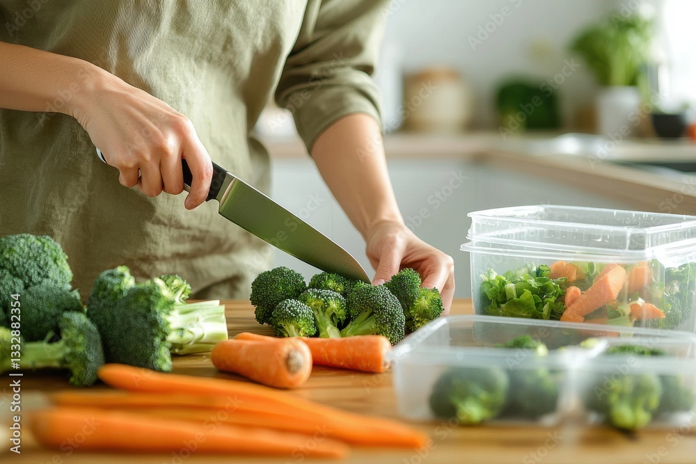 Woman cutting broccoli with knife, preparing healthy meal in modern kitchen Woman cutting broccoli with knife, preparing healthy meal in modern kitchen