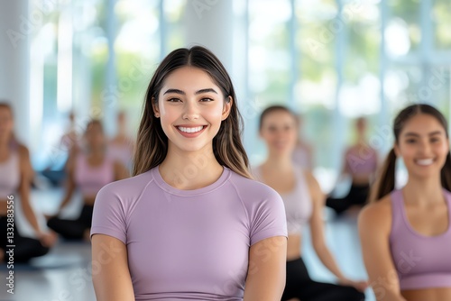 A joyful woman leads a yoga class, embodying serenity and strength. Her smile inspires a group of participants to embrace mindfulness and health in a harmonious studio environment. Free Download A joyful woman leads a yoga class, embodying serenity and strength. Her smile inspires a group of participants to embrace mindfulness and health in a harmonious studio environment. - GFXLoad