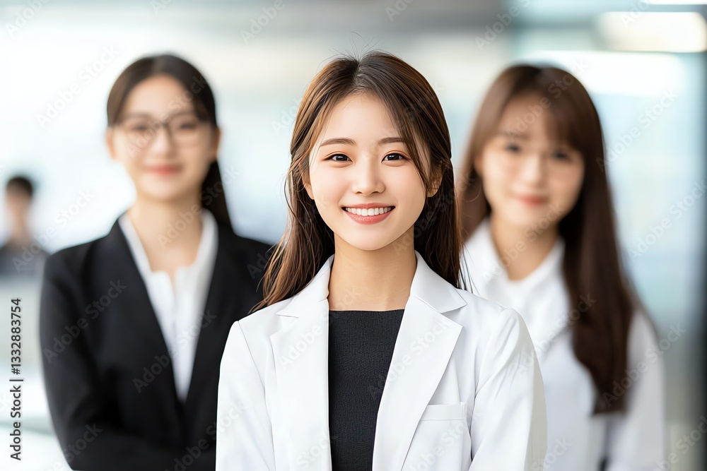 A confident female professional smiles in front of her colleagues in a modern office setting. They represent teamwork, leadership, and diversity in the workplace environment. A confident female professional smiles in front of her colleagues in a modern office setting. They represent teamwork, leadership, and diversity in the workplace environment.