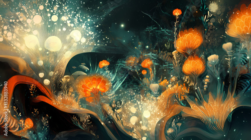 A psychedelic botanical garden, featuring exotic flora with bioluminescent patterns of orange, teal, and white, pulsating with life amidst a grainy, textured backdrop. Psychedelic Roots. Illustration
