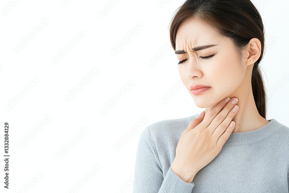 A woman experiences discomfort and concern while holding her throat, reflecting a moment of distress related to health issues. Her expression shows seriousness and contemplation. A woman experiences discomfort and concern while holding her throat, reflecting a moment of distress related to health issues. Her expression shows seriousness and contemplation.