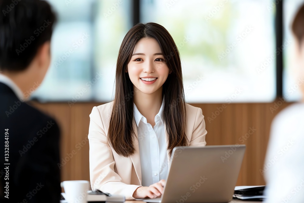 A young woman in a professional setting smiles confidently while working on her laptop. She represents determination and empowerment in the modern workplace. A young woman in a professional setting smiles confidently while working on her laptop. She represents determination and empowerment in the modern workplace.