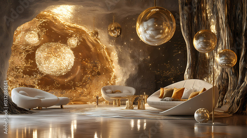 A surreal space with ornate gold and silver accents, glowing orbs that hover in the air, and furniture blending natural forms like tree roots with sleek modern design, Psychedelic Roots. Illustration