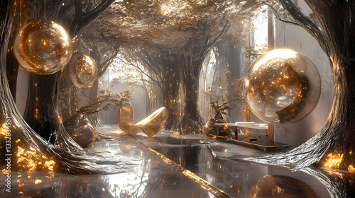 A surreal space with ornate gold and silver accents, glowing orbs that hover in the air, and furniture blending natural forms like tree roots with sleek modern design, Psychedelic Roots. Illustration