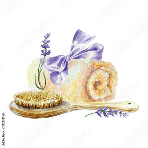 Lavender sprig, massage brush, rolled towel, watercolor. Hand drawn vector illustration. For design of labels, postcards, invitations, SPA salon banners, posters.