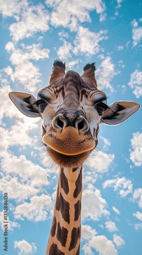 Obraz premium Giraffe gazing from low viewpoint beneath a blue cloudy sky
