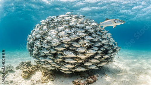 A massive school of jack mackerel, Trachurus murphyi, forms a mesmerizing bait ball while a solitary tarpon, Megalops atlanticus, glides nearby, showcasing Bonaireâ€™s vibrant marine ecosystem photo
