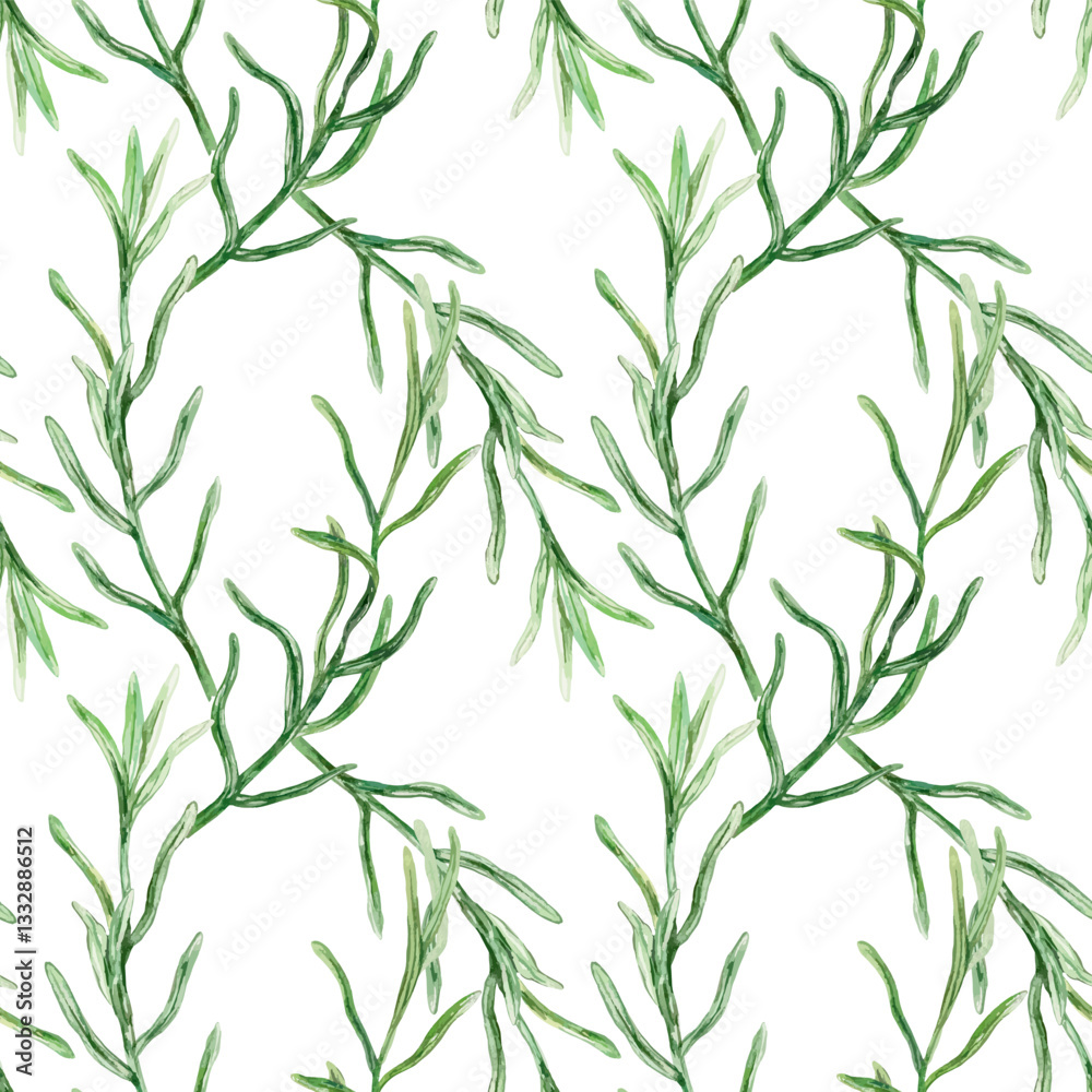 Naklejka premium Green twigs seamless pattern, watercolor. Hand drawn vector illustration. For design of wrapping paper, textile, covers, fabric, wallpaper, banners.