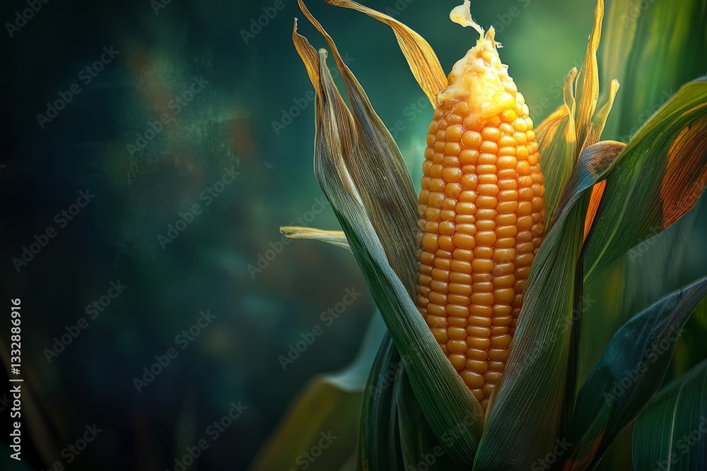 Fresh corn growing in a lush green field during the late afternoon sunlight