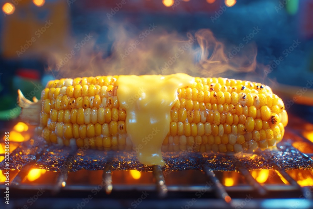 Grilled corn on the cob with melted cheese dripping, creating a delicious street food experience at a summer festival