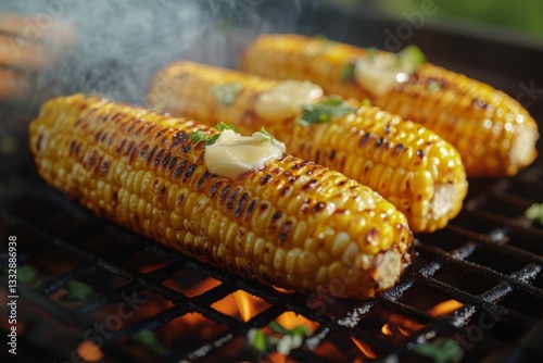 Obraz na płótnie Grilled corn on the cob with butter and herbs at a summer barbecue gathering w salonie