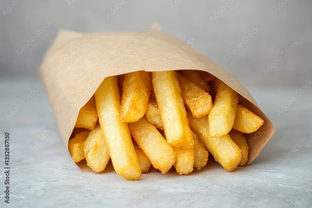 Crispy golden fries served in a brown paper bag at a casual eatery