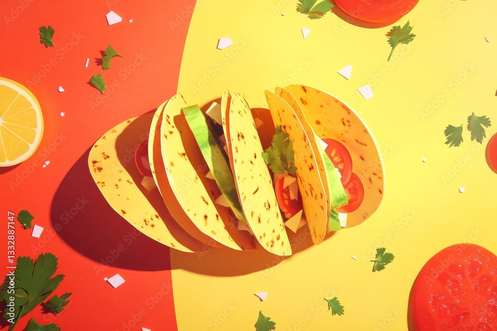 Colorful paper tacos on a vibrant background with fresh ingredients and bright colors creating an artistic food display
