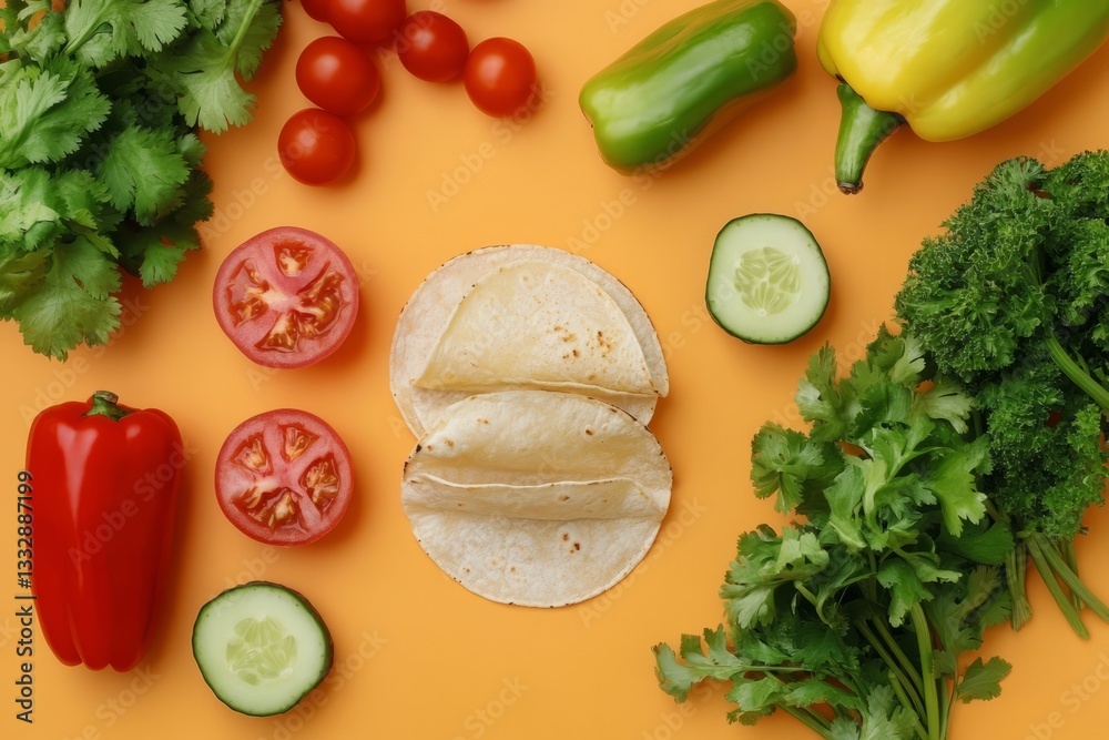 Fresh ingredients arranged around tortillas ready for taco preparation on an orange surface