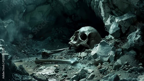 A skull is laying on the ground in a rocky area. The skull is surrounded by rocks and dirt, giving the impression of a graveyard or a graveyard-like setting. Scene is eerie and unsettling