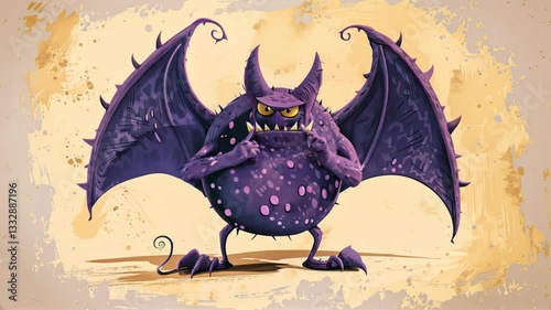 A purple bat with a big head and a mouth full of teeth. The bat is standing on a ground with a mouse in front of it
