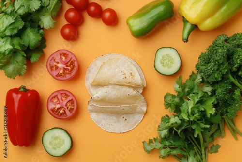 Obraz na płótnie Fresh ingredients arranged around tortillas ready for taco preparation on an orange surface w salonie