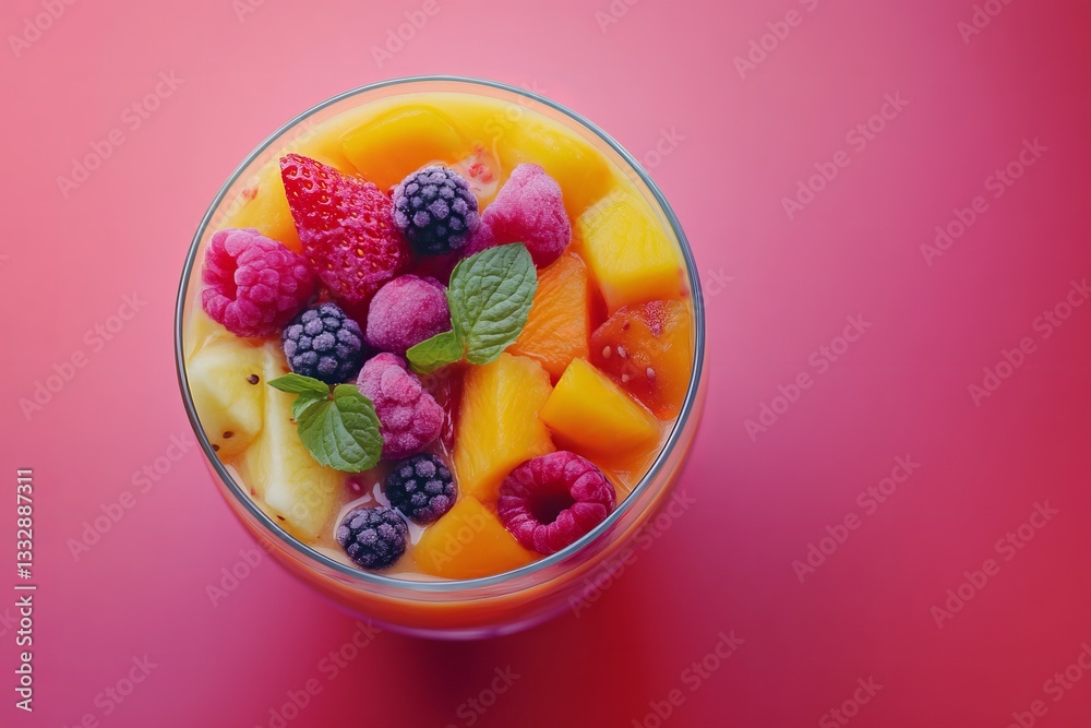Colorful fruit salad in a glass with fresh berries and mint on a vibrant background