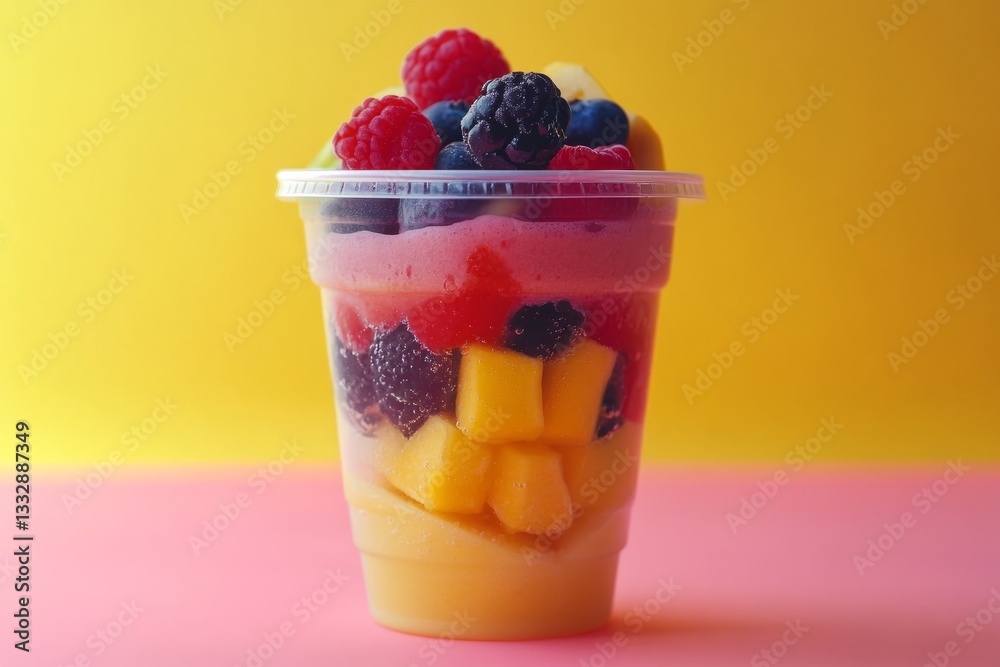 Colorful fruit parfait with layers of mango and mixed berries on a pink and yellow background