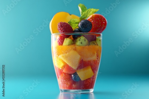 Colorful fruit salad in a clear glass on a bright turquoise background showcasing fresh berries and tropical fruits