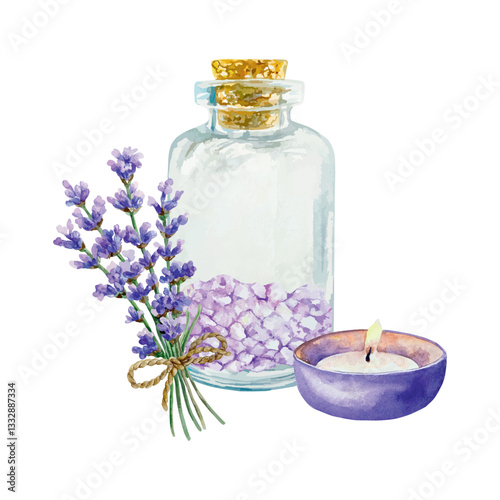 Lavender salt in a bottle, a bouquet of flowers and a candle, watercolor. Hand drawn vector illustration. For the design of labels, banners for spa salons, posters, invitations, postcards.