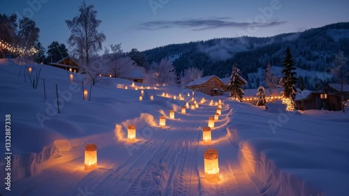 A long, winding path is lit up with candles, creating a warm and inviting atmosphere. The candles are arranged in a row, with some placed closer to the foreground